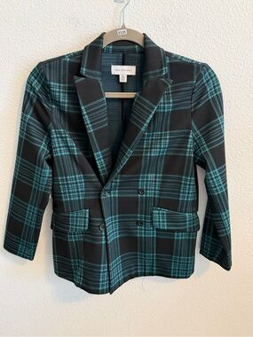 Blank NYC Black and Teal Plaid Double-Breasted Blazer